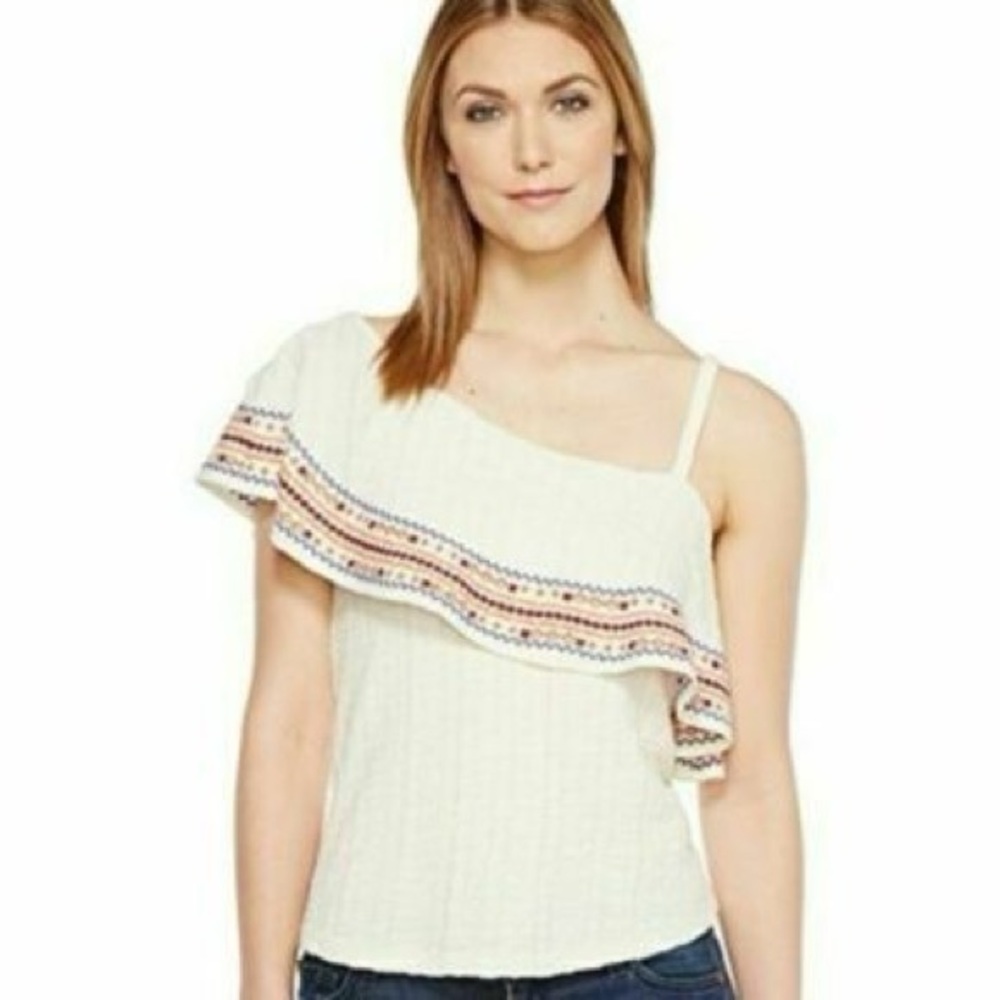 Lucky Brand One-Shoulder Ruffle Top - Cream embroidered Trim Size medium
